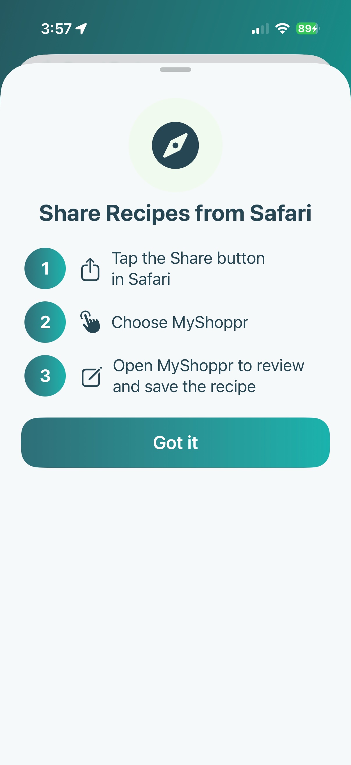 Share a recipe from Safari into MyShoppr